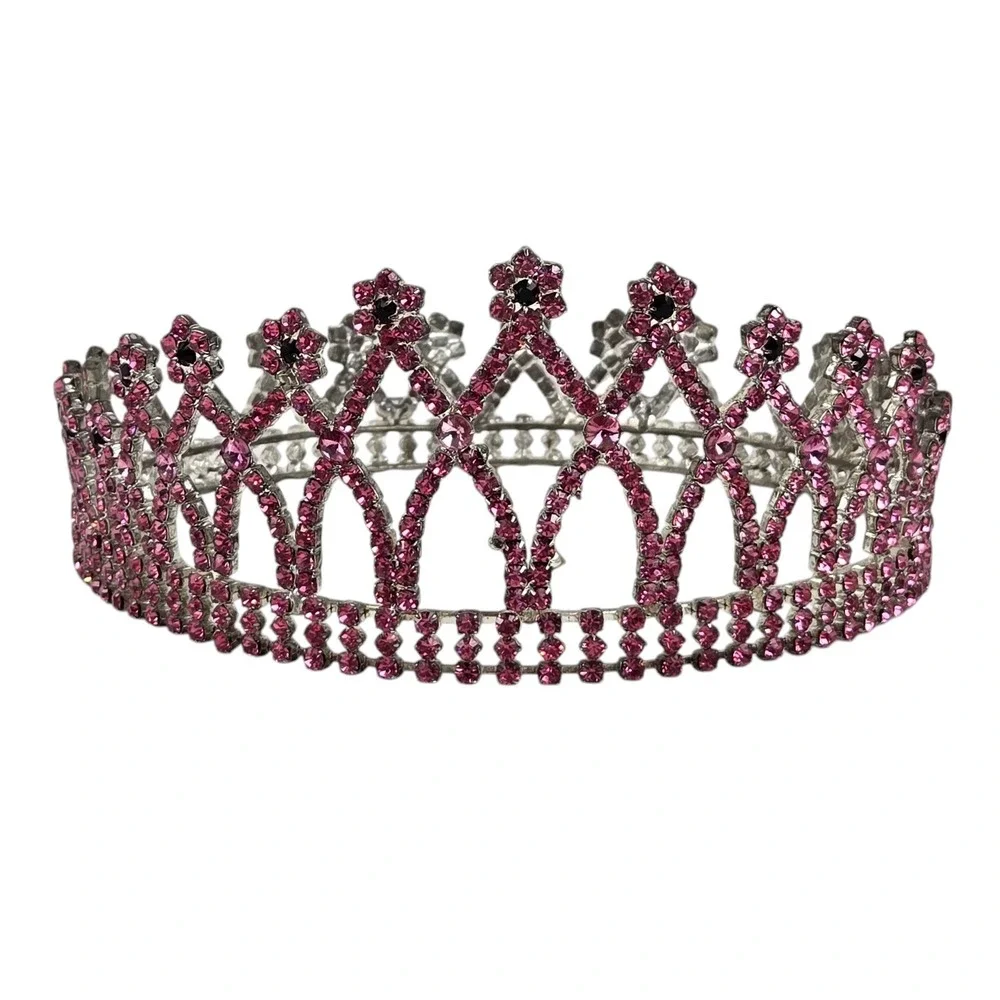 VTG Pink Black Rhinestone Crown Bridal Pageant Princess Cosplay 4 Prong Holders